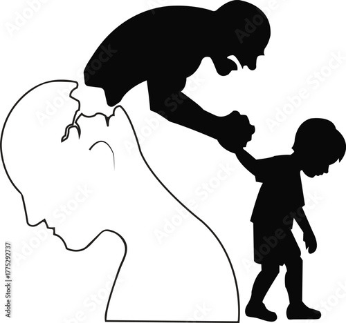Silhouette of abusive parent over childs head, isolated on white background