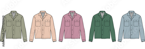 Vector illustration set of a classic long-sleeve workwear shirt in multiple colorways. Apparel design concept and technical flat sketch