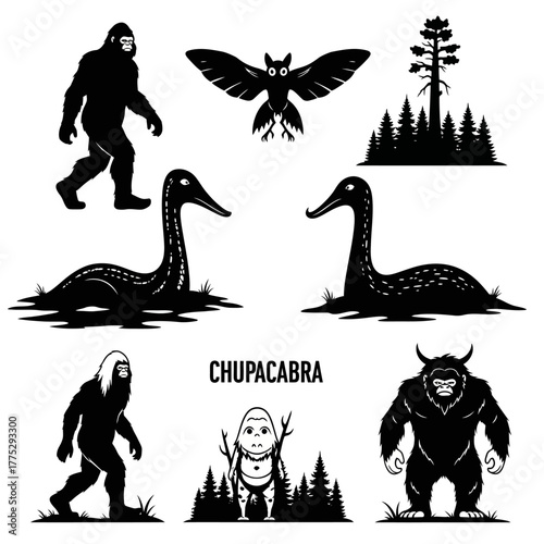 Cryptids and mythical creatures silhouettes: Bigfoot, Mothman, Loch Ness Monster, Chupacabra.