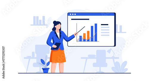 Businesswoman Presenting Statistical Data on a Digital Screen in Minimalistic Style