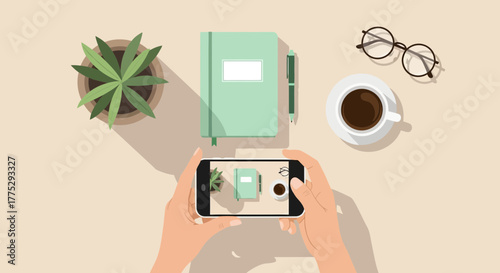 Capturing The Morning: A Minimalist Workspace With Supplies And Beverages Above