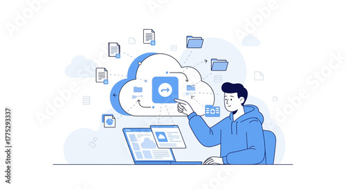 Cloud Computing Illustration Depicting Data Transfer and Digital Information Sharing