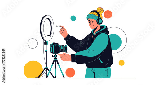 Content Creator Preparing To Record Video With Ring Light And Camera Equipment