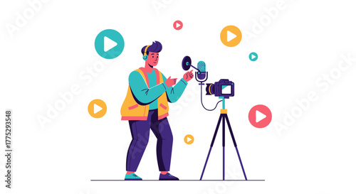 Content Creator Recording Audio And Video With a Professional Camera and Microphone Setup