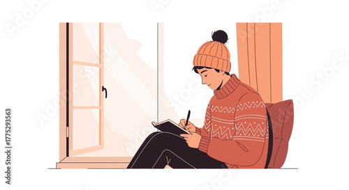 Cozy Moment: A Person Writing in a Journal by a Window During a Winter Day