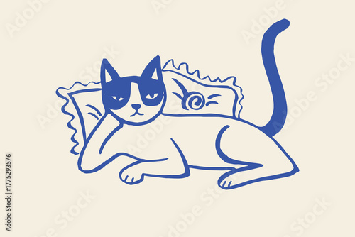 Cat on pillows, naive sketch vector illustration