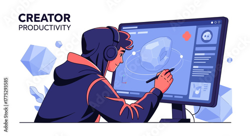 Creative 3D Artist Working On Computer Digital Design Illustrated Picture