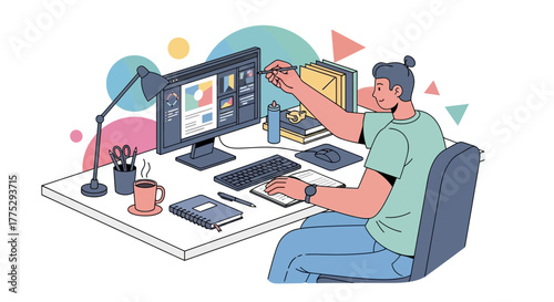 Creative Designer Working On Computer Drawing With Pen And Cup Of Coffee Isometric Style