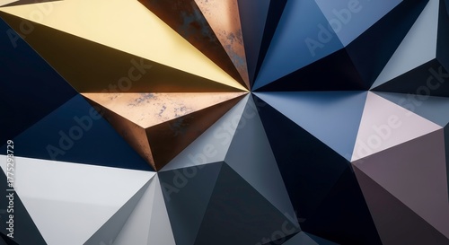 Fototapeta Naklejka Na Ścianę i Meble -  Geometric abstract background with metallic triangular shapes and reflective surfaces creating modern futuristic depth, light, and dimensional artistic composition
