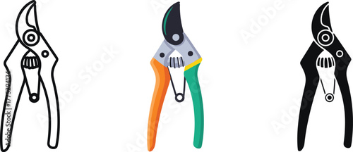 Professional Bypass Pruning Shears Set - Line Art, Flat Color, and Glyph Vector Icons