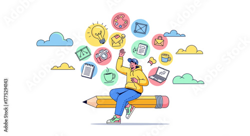 Creative Process Depicted: A Person Seated On a Pencil With Symbolic Illustrations
