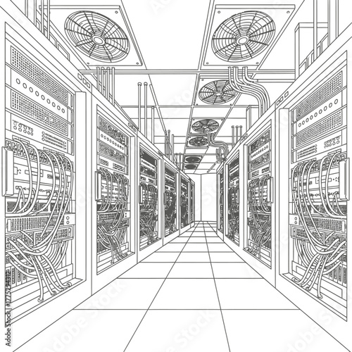 Server room illustration with racks and cooling fans in a perspective view.