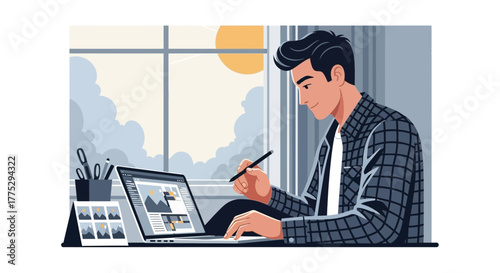 Creative Professional Working On A Laptop, Designing And Editing Pictures From Home