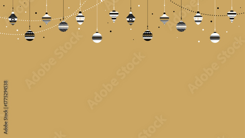 Guirlande de boules de Noël graphiques noires et blanches sur fond doré - Fêtes de fin d'année - Arrière-plan festif pour les célébrations