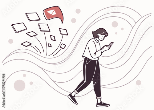 Minimalist Vector Illustration of Person Surrounded by Digital Screens Symbolizing Stress and Distraction