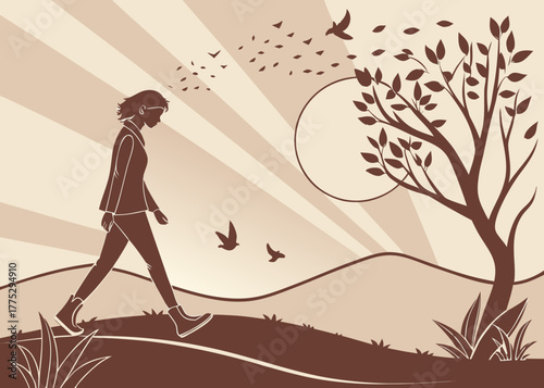 Minimalist Vector Illustration of Person Walking Through Nature as Digital Fragments Fade Peacefully Away
