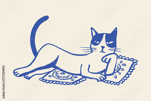 Cat on pillows, naive sketch vector illustration
