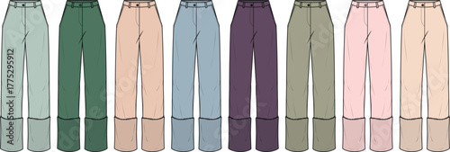 Fashion technical flat sketch of women's high-waisted straight leg trousers with cuffs, shown in a versatile color palette for a clothing collection
