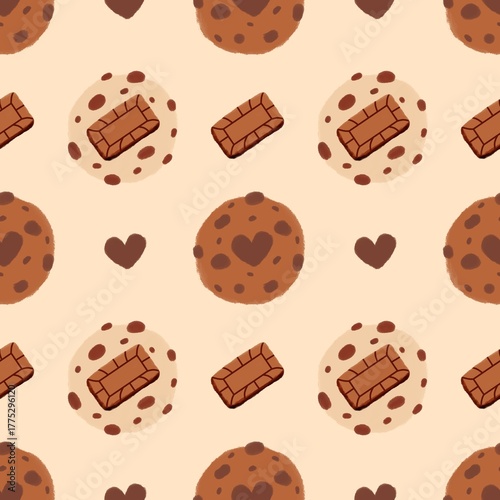 Seamless Cookie Pattern with Biscuits and Hearts on Beige Background for Bakery and Packaging Design