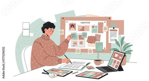 Creative Workplace: Brainstorming Session With Digital Devices and Coffee For Productivity