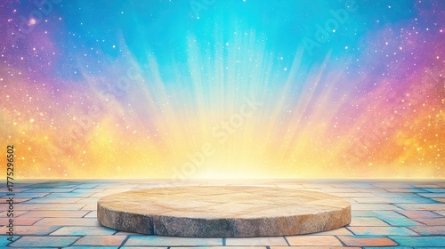 Abstract fantasy stage with glowing spotlight. Radiant platform and magical pedestal in cosmic background. Vibrant, surreal, art template, colorful, mystical, inspiration, empty, presentation,