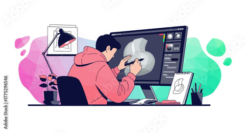 Designer Crafting Digital Artwork on Desktop Computer with Graphic Tablet and Modern Workspace