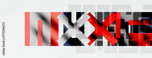 Abstract graphic design features fragmented text, bold colors, gray background. Minimalist composition, modern aesthetic, striking visual impact.