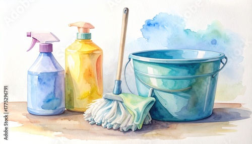 Watercolor painting Still life of neatly arranged minimalist cleaning tools including a bucket, mop, spray bottle, and rags