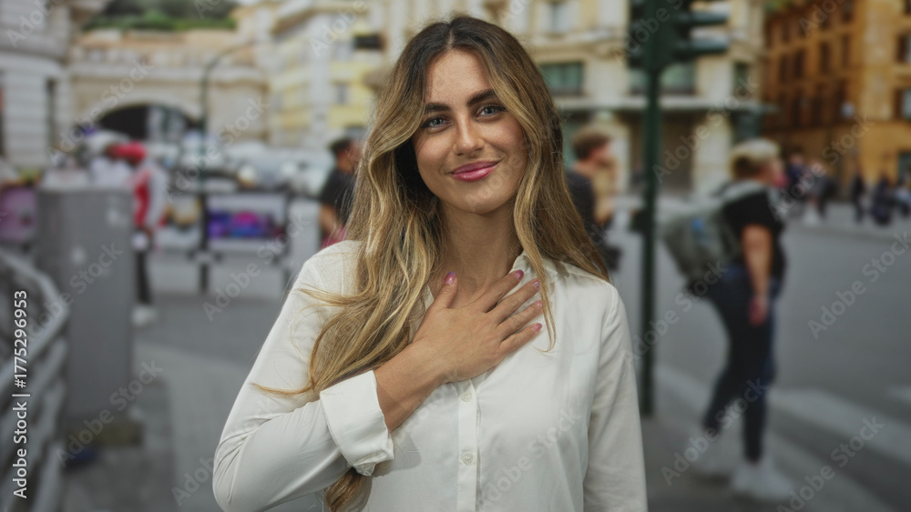 Fototapeta premium Young woman hand on chest on city street; gratitude sincerity.