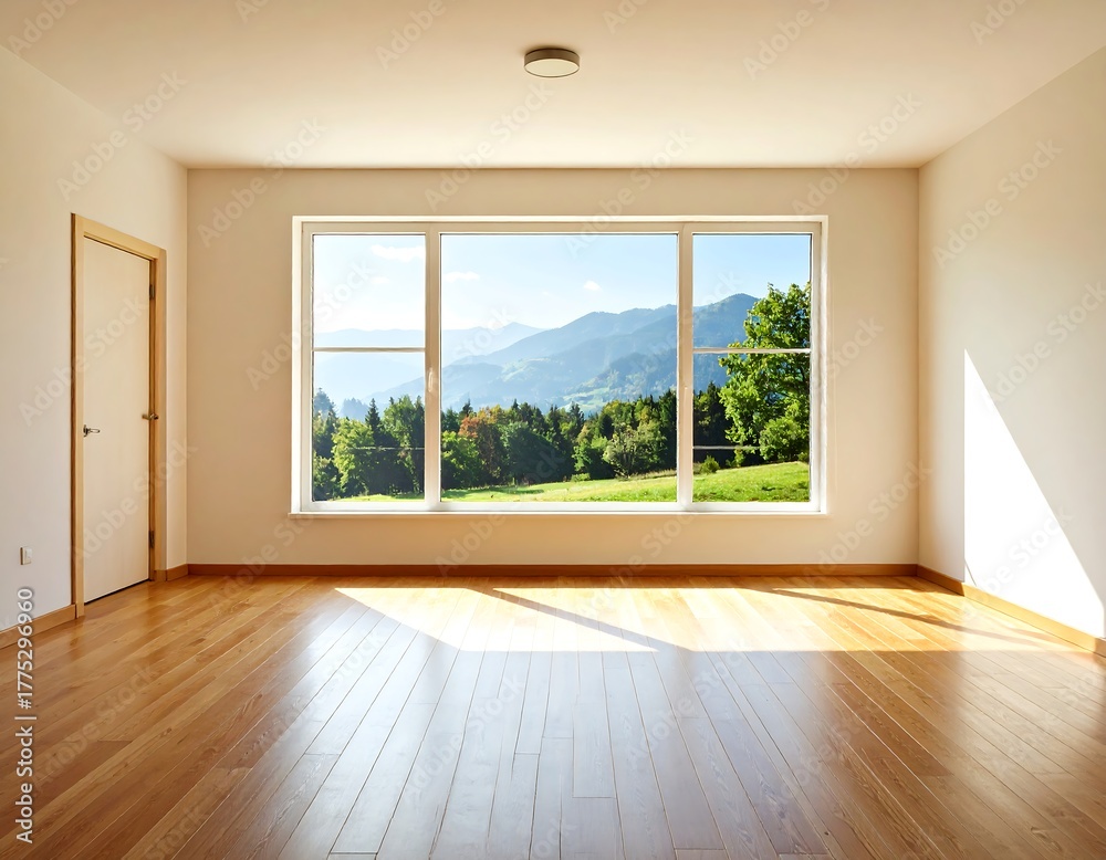 Fototapeta premium Bright, empty room features a large window with a view of green mountains and sky