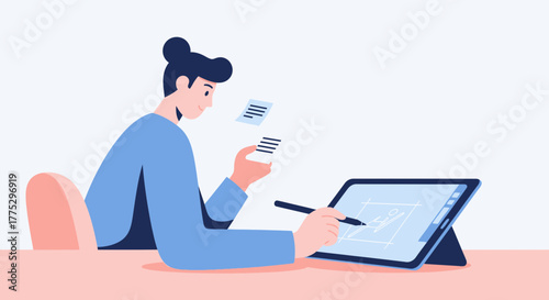 Digital Artist At Work On Tablet And Examining Documents During Creative Process.