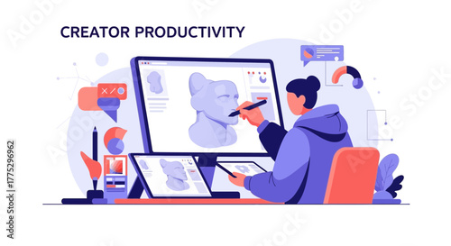 Digital Artist Crafting 3D Sculpture, Creating Masterpiece, And Showcasing Creator Productivity