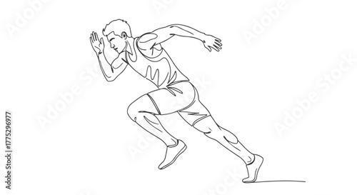 Dynamic one continuous line drawing of an athlete in a powerful sprint starting position, illustrating speed, agility, and athletic determination
