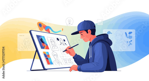 Digital Artist Creating Illustrations on a Tablet with Vibrant Graphics and Designs