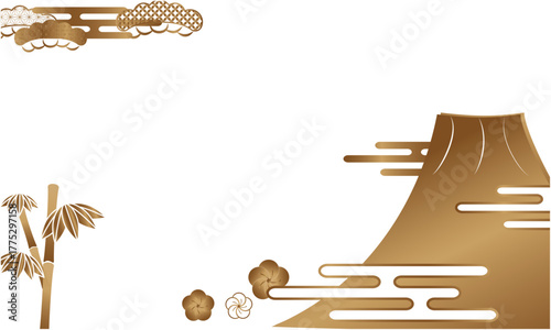 富士山と松竹梅の金箔背景