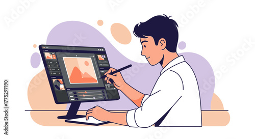 Digital Artist Using Graphic Tablet And Computer Editing An Image Vector Illustration Concept