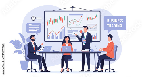 A business meeting where a team analyzes financial charts and graphs on a large screen, discussing trading strategies.