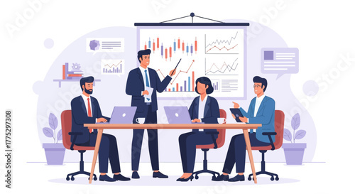 A business meeting is taking place, with a presentation being given to a group of colleagues.