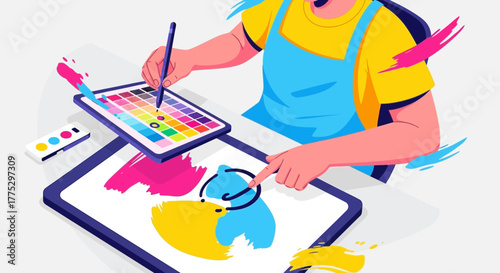 Digital Artist Using Tablet and Stylus Creating Colorful Designs with Modern Technology
