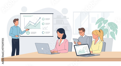 A business presentation is being given to a group of people in an office setting, with graphs.