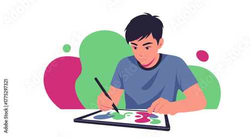 Digital Artist Using Tablet Drawing Vibrant Abstract Designs in Modern Illustration Style