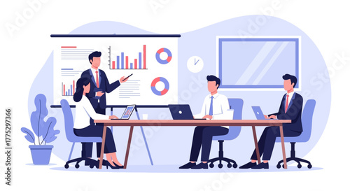 A business professional presenting data and analytics to colleagues in a modern office meeting room.