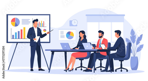 Businessman leading a corporate presentation, explaining data analysis charts and graphs to his colleagues in a meeting.