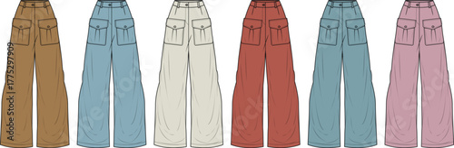 Fashionable high-waisted flared cargo pants in various colors, displayed in a flat lay style