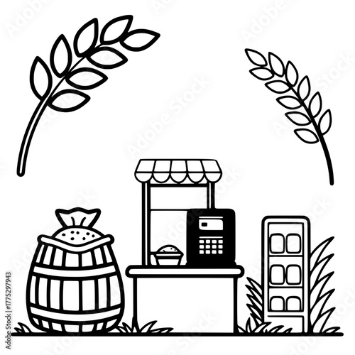 Agricultural Market and Grain Distribution Line Art Vector Icon