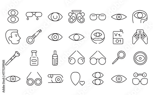  Collection of line art icons representing eye care and vision testing equipment and symbols