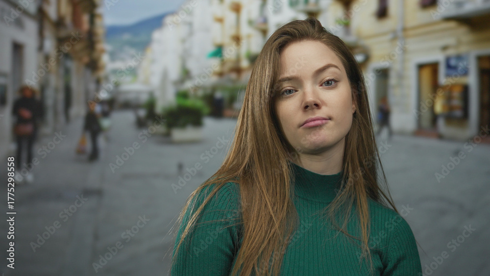Fototapeta premium Woman tilts head and gazes forward wearing a green sweater on a sunlit city street lined with buildings; confidence independence.