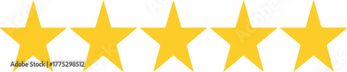 Five yellow stars in a horizontal row star, yellow, rating, shape, point, award, symbol, success, quality, excellence, achievement, gold, sign, best, icon, graphic, design, element, rank, level, mark,