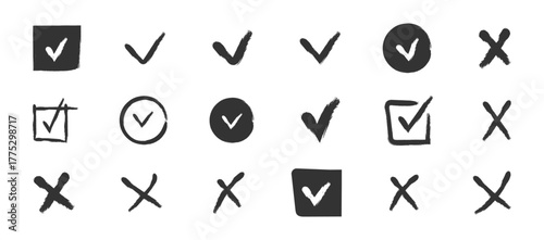 Grunge brush stroke checkmarks with tick and cross symbols. Green and red grunge style Hand drawn brush marker checklist symbol wrong right circle. Vector Illustration