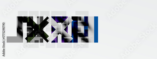 Abstract digital art. Dark shapes contrast with light background. Geometric forms suggest fragmented text or symbols. Minimalist composition.